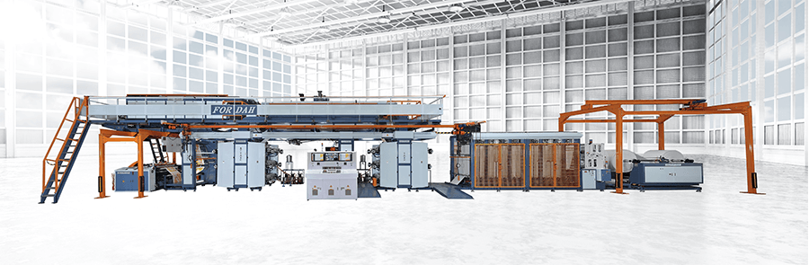 FOR DAH 900W roll-to-roll flexo printing line with two printing stacks and a four-deck drying section